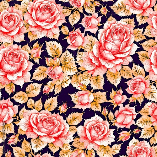 Floral watercolor pattern featuring pink roses and leaves, vintage design