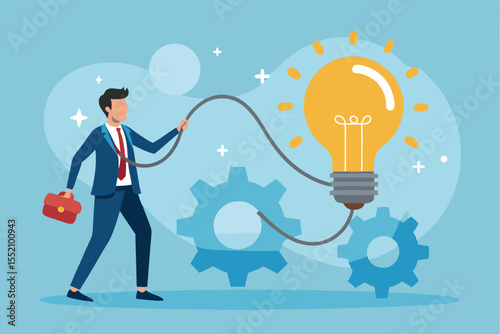 Project initiation concept featuring businessman connecting ideas with gears in a creative work environment