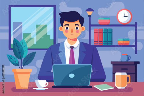 Businessman engaged in remote work at home office using laptop during daytime with indoor plants and decor
