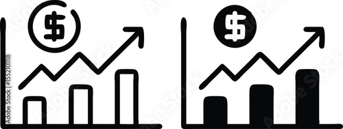 Minimalist Financial Growth Icon – Black Outline Bar Graph with Dollar Coin and Arrow Vector