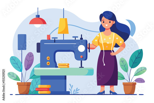 Woman working on sewing machine with needle and thread surrounded by plants in a bright, lively workspace during the morning hours