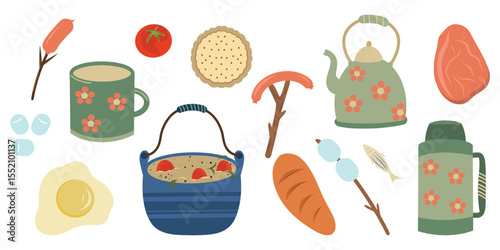 Eating outside vector elements set. Camping elements vector set. Hiking and camping kitchen set