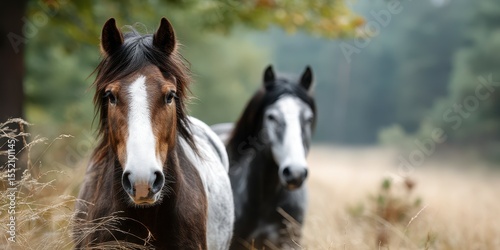 Horses grazing in a serene forest landscape during early morning light in a tranquil natural setting