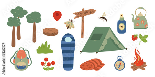 Forest camping elements vector set. Hiking and camping set. Compass, trees, insects, berries, sleeping bag, insect repellent bottle, rolled towel, backpack, teapot, wooden camping directional sign