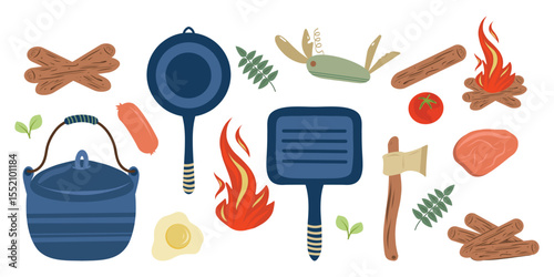 Cooking outside vector elements set. Camping elements vector set. Hiking and camping kitchen set