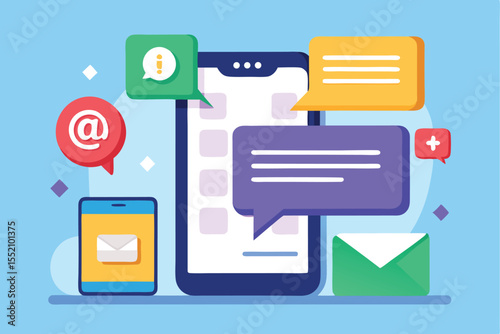 Chat message notification concept featuring mobile phones and interactive message bubbles set against a light blue background depicting modern communication methods