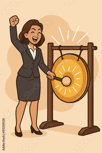 Businesswoman hitting success gong to celebrate a major achievement. Concept of victory, reaching a goal, professional milestone, and winning. Business triumph cartoon vector character.