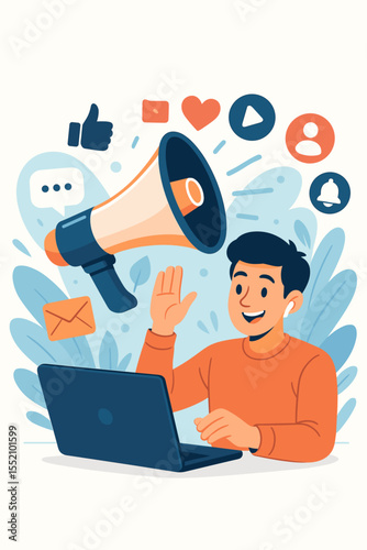 Social media marketing concept with man on laptop. Digital promotion, online advertising campaign with megaphone. SMM brand reach, audience engagement with like, heart, comment icons.