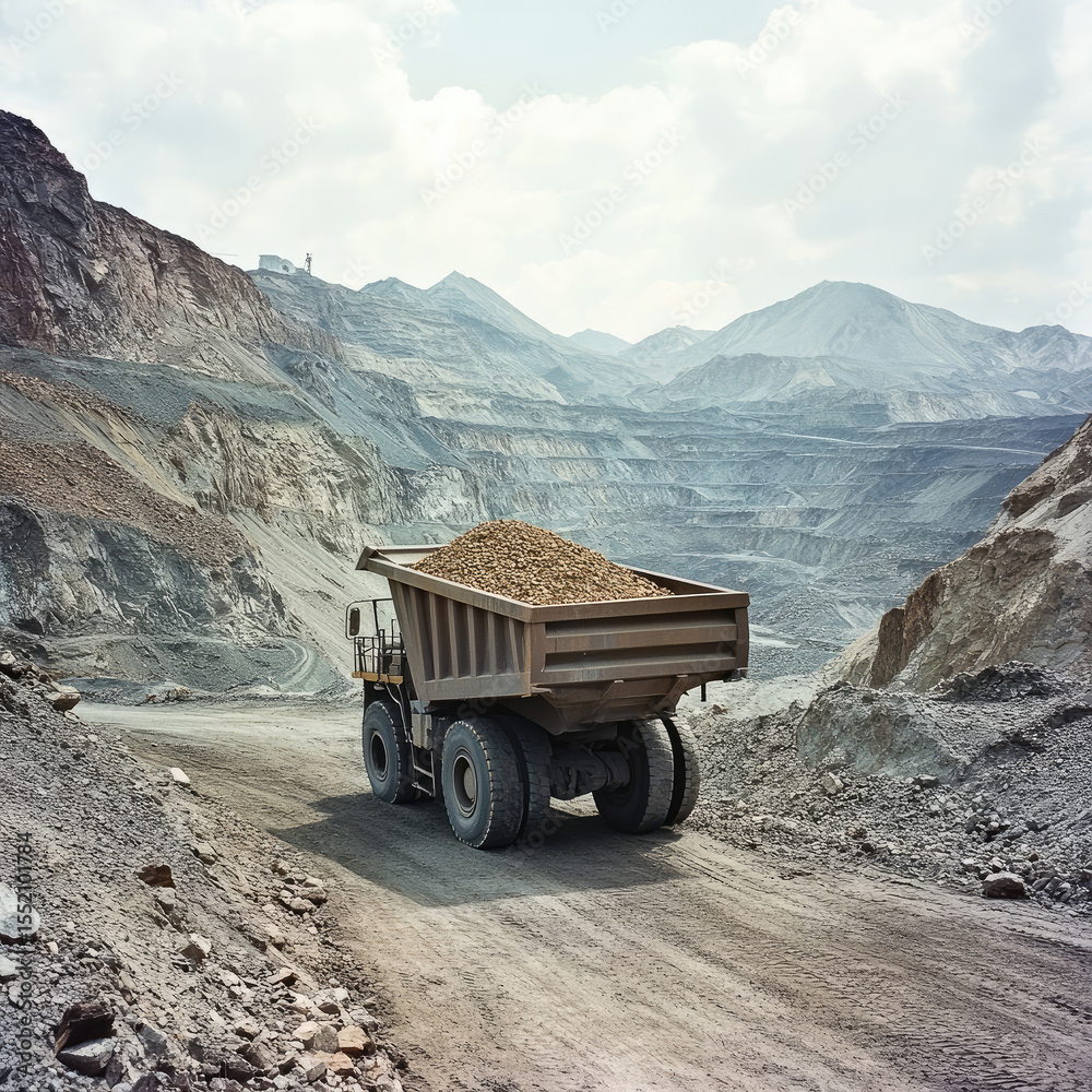 Naklejka premium Heavy dump truck transporting gold ore load