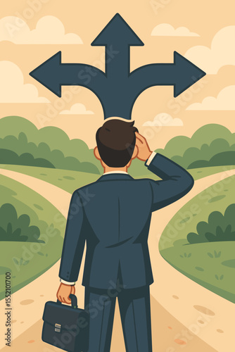 Man at crossroads with three arrows. Businessman making a career choice. Business decision, direction, and future path concept. Dilemma, opportunity, and strategy for success.