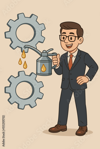 Businessman lubricating gears vector cartoon. Metaphor for smooth business operations, teamwork, and efficiency. Manager optimizing workflow. Concept of maintenance and improvement.