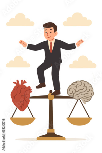 Businessman balancing on a scale between heart and mind. Metaphor for choice between emotions and logic. Concept of work-life balance, passion versus career, love or money dilemma.