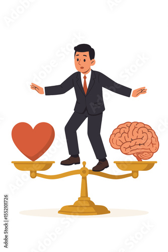 Businessman balancing on a scale between a heart and brain. Concept of choosing between emotions and logic, love or work. Work life balance dilemma. Emotional intelligence vector.