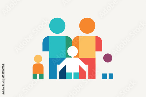 Minimalist geometric silhouette of a family showcasing togetherness with distinct colors and forms representing each family member's role in a harmonious setting
