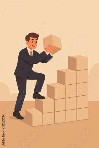 Businessman building career ladder with blocks. Concept of success, growth, and ambition. Corporate professional climbing steps to achieve goals. Business development strategy metaphor.