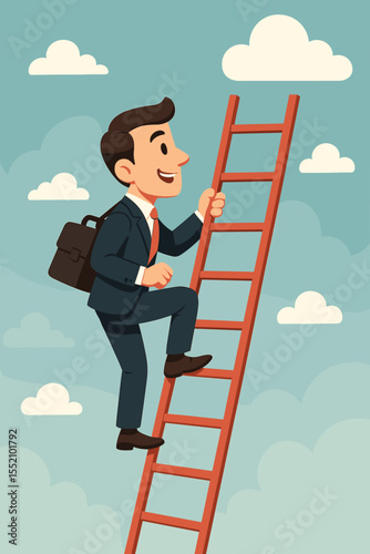 Businessman climbing corporate ladder to success in the sky. Concept of career growth, opportunity, and ambition. Metaphor for progress, promotion, and reaching goals. Vector cartoon.