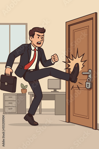 Angry businessman kicking down a locked door. Metaphor for overcoming business obstacles and challenges. Breakthrough concept with force and determination. Vector cartoon illustration.