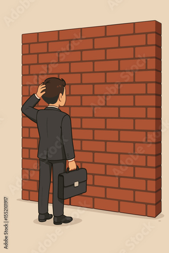 Businessman facing a brick wall obstacle. Business concept for challenge, problem, and barrier. Confused man thinking about a solution and strategy for a career deadlock. Cartoon vector.