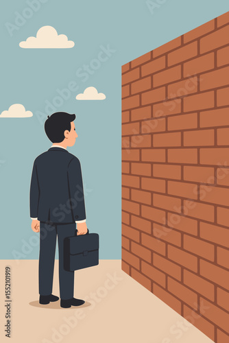 Businessman with briefcase facing a brick wall. Metaphor for business obstacle, challenge, and career problem. Concept of limitation, corporate crisis, difficulty, and dead end.