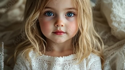 Young girl with beautiful blue eyes reading in a cozy, softly lit room