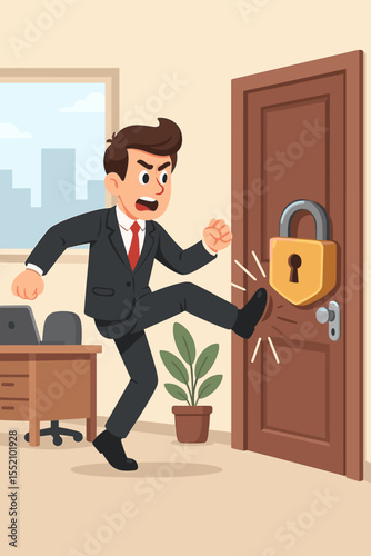 Angry businessman kicking a locked door to overcome a business obstacle. Metaphor for breaking barriers, career challenges, determination, frustration, and finding a solution.