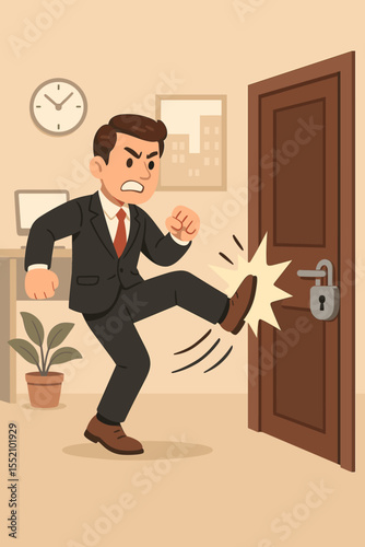 Businessman kicking a locked door to overcome an obstacle. Business concept of breaking barriers, determination, finding a solution, and achieving a breakthrough. Vector cartoon.