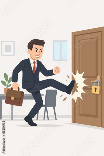 Angry businessman kicking locked door. Metaphor for overcoming obstacles and breaking barriers. Determined man forcing entry. Business challenge, solution, and success concept.