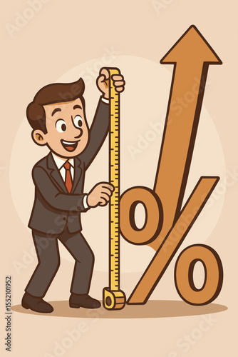 Businessman measuring percentage growth with a tape measure. Business success concept. Financial profit increase, sales metrics and investment return cartoon vector illustration.