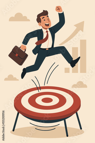 Business success metaphor. Happy businessman jumping on a target trampoline to achieve goals. Career growth, ambition and progress concept. Man in suit leaping towards success.