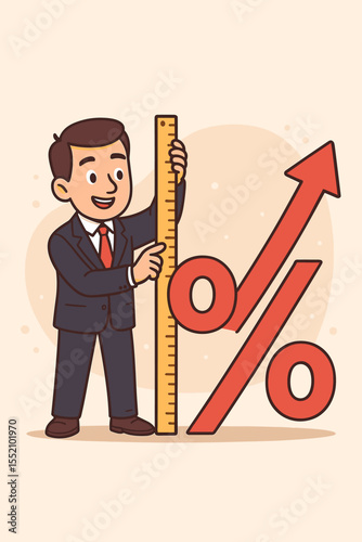 Businessman measuring percentage growth with a ruler. Financial success concept. Metaphor for business performance, profit increase, sales analytics, investment return, and interest rates.