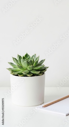 Green succulent thrives in bright white pot near notepad and simple wood pencil