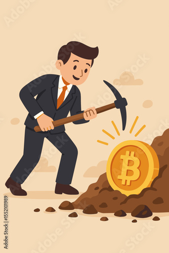 Businessman mining Bitcoin concept with pickaxe. Crypto investor discovering digital currency treasure. Vector cartoon of blockchain technology, financial success, and wealth growth.