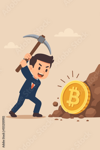 Bitcoin mining concept illustration. Cartoon businessman with pickaxe digging up a giant gold BTC coin. Metaphor for cryptocurrency investment, digital finance, blockchain, and wealth.