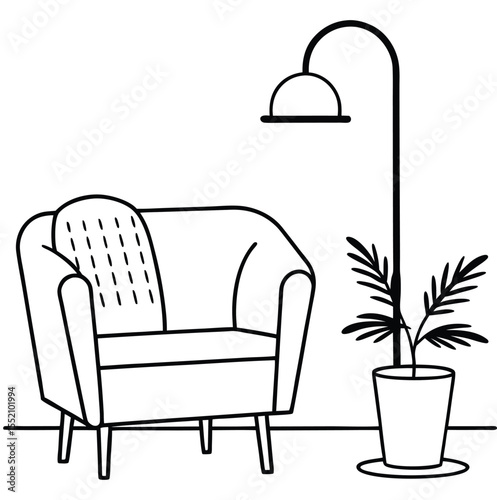 Cozy modern living room scene with armchair floor lamp and potted plant clean line art illustration for interior design inspiration