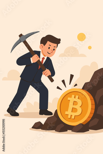 Businessman mining bitcoin with a pickaxe. Cryptocurrency concept illustration. Metaphor for digital currency, blockchain, investment, finance, earning, and virtual money vector.
