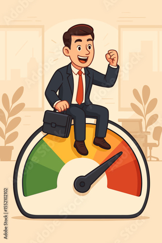 Business success concept. Happy manager on a performance meter at maximum. Corporate employee celebrating high productivity and efficiency. KPI indicator gauge. Vector cartoon illustration.