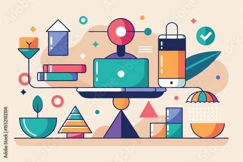 Exploring modern work life integration with flat vector illustration showcasing technology, productivity, and personal well-being in a vibrant workspace setting