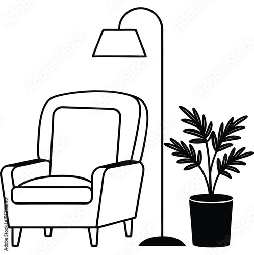 Cozy reading nook with a comfortable armchair an elegant floor lamp and a lush potted plant creating a serene and inviting atmosphere for relaxation