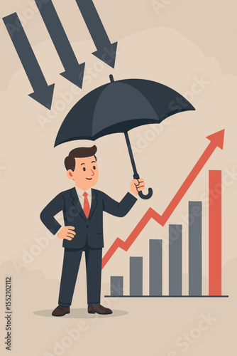 Financial protection and risk management concept. Businessman with umbrella shielding a rising stock market chart from an economic crisis. Investment insurance and security metaphor.