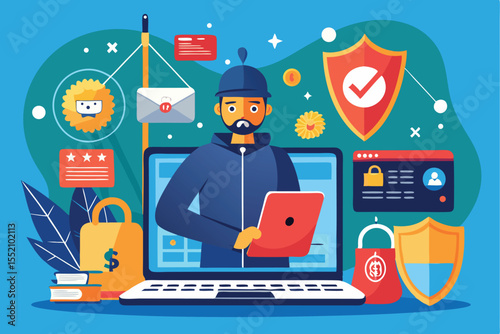 Vector concept illustrating phishing scam attack by a hacker, emphasizing online security threats and digital vulnerabilities in a modern context