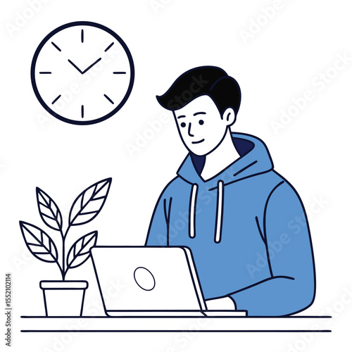 Smiling young adult works diligently on his laptop near a potted plant and clock