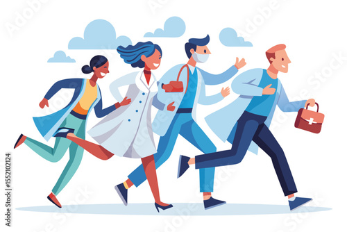 Group of medical professionals in gowns running together in a vibrant setting under a clear sky during a health awareness campaign