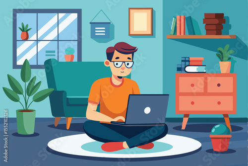 Cartoon man working at home on laptop in cozy living room with plants and books in the background