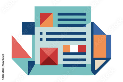 Flat geometric newspaper icon design featuring simple columns and colorful graphic elements suitable for digital media representation
