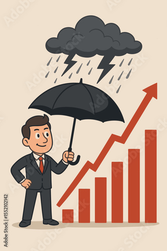 Businessman with umbrella protecting growing stock market chart from economic crisis storm. Financial protection, investment security, risk management cartoon vector illustration.