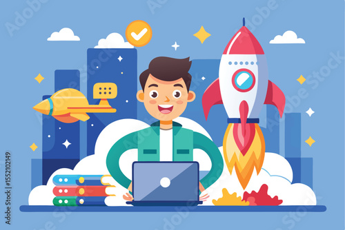 Startup accelerator concept featuring a young entrepreneur launching a rocket while working with a laptop among city buildings and clouds