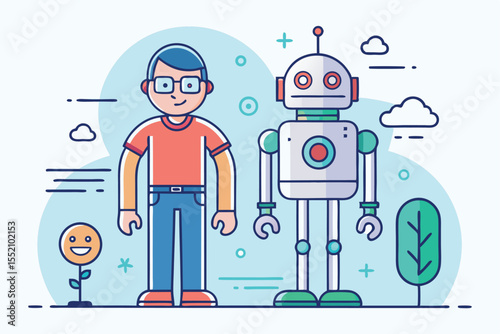 Human figure stands beside a friendly robot in a colorful line art style, showcasing themes of technology and companionship in a whimsical landscape