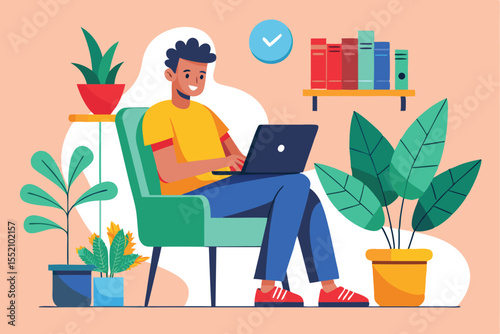 Man sitting in a green chair using a laptop with potted plants nearby in a cozy indoor setting