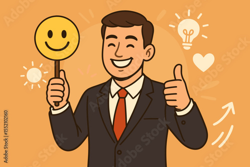 Happy businessman holding a smile emoticon and giving a thumbs up. Positive thinking concept for customer satisfaction, mental health, well-being, good review and employee motivation.