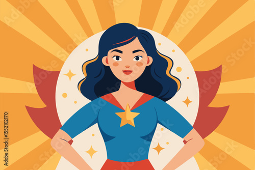 Confident young woman with high esteem standing proudly against a vibrant backdrop of orange rays and red wings, radiating strength and empowerment in a modern digital illustration